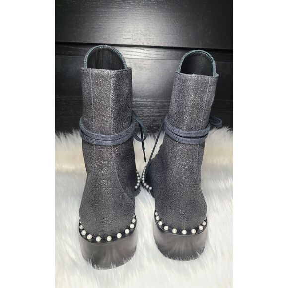 Stuart Weitzman|Sondra Bead Embellished Black Glitter Combat Boots, 6 - Picture 12 of 16